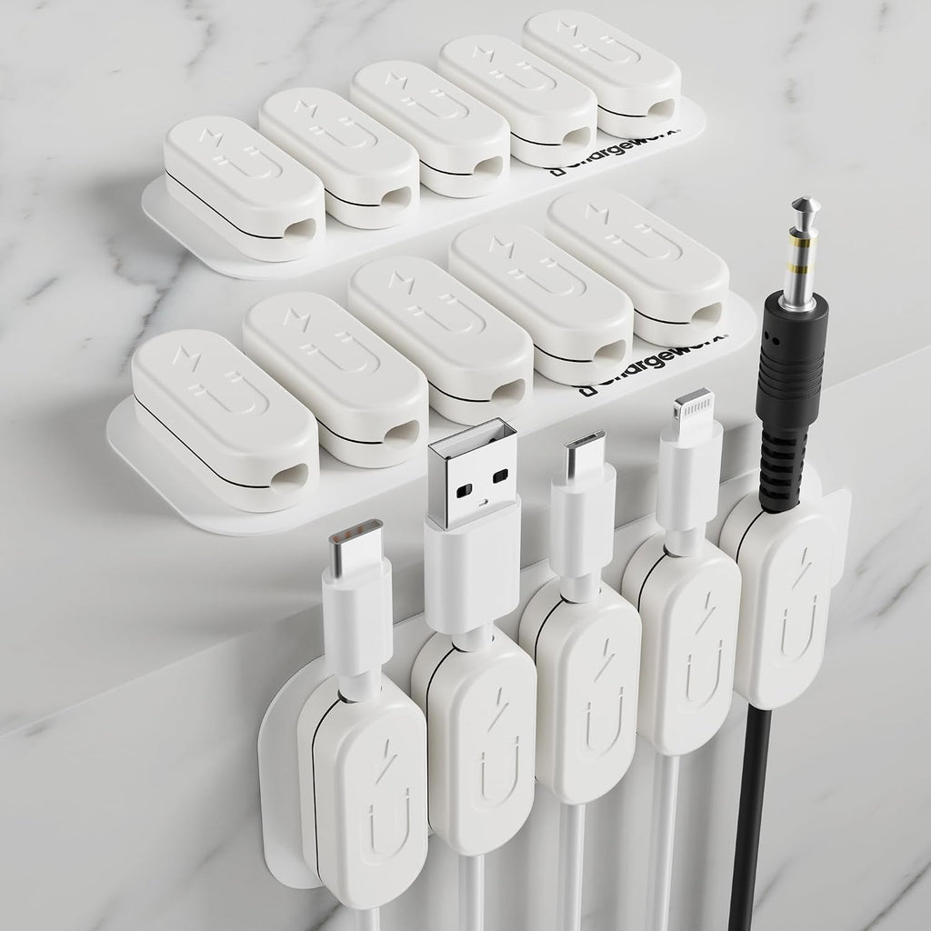 Chargeworx Magnetic Cable Holder Cable Management Multipurpose Desktop Cable Management System, 10-Pack, Great for USB-C, Lightning, Micro-USB & Other Cables Sticks to Any Surface (White - 10 Pack)
