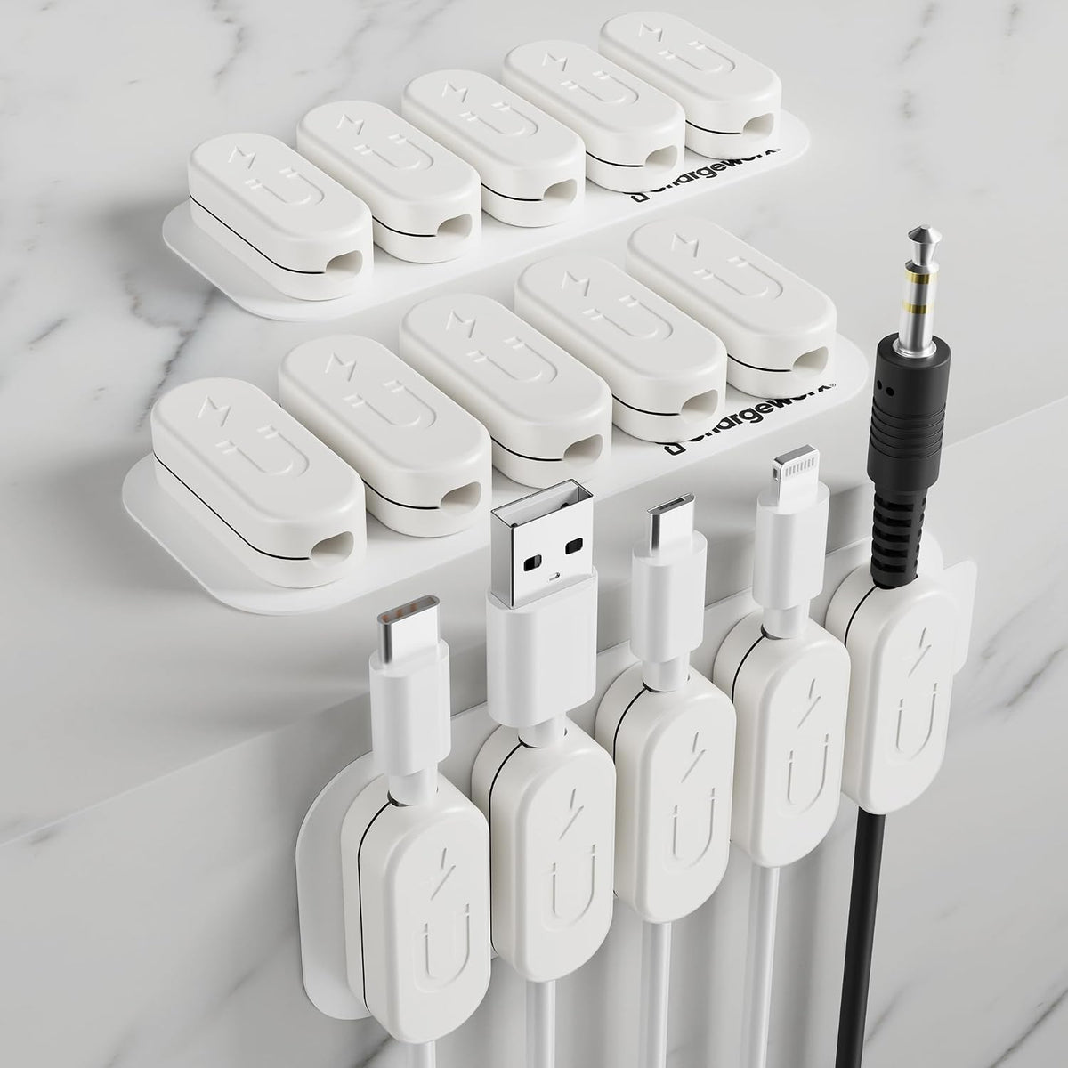 Chargeworx Magnetic Cable Holder Cable Management Multipurpose Desktop Cable Management System, 10-Pack, Great for USB-C, Lightning, Micro-USB & Other Cables Sticks to Any Surface (White - 10 Pack)