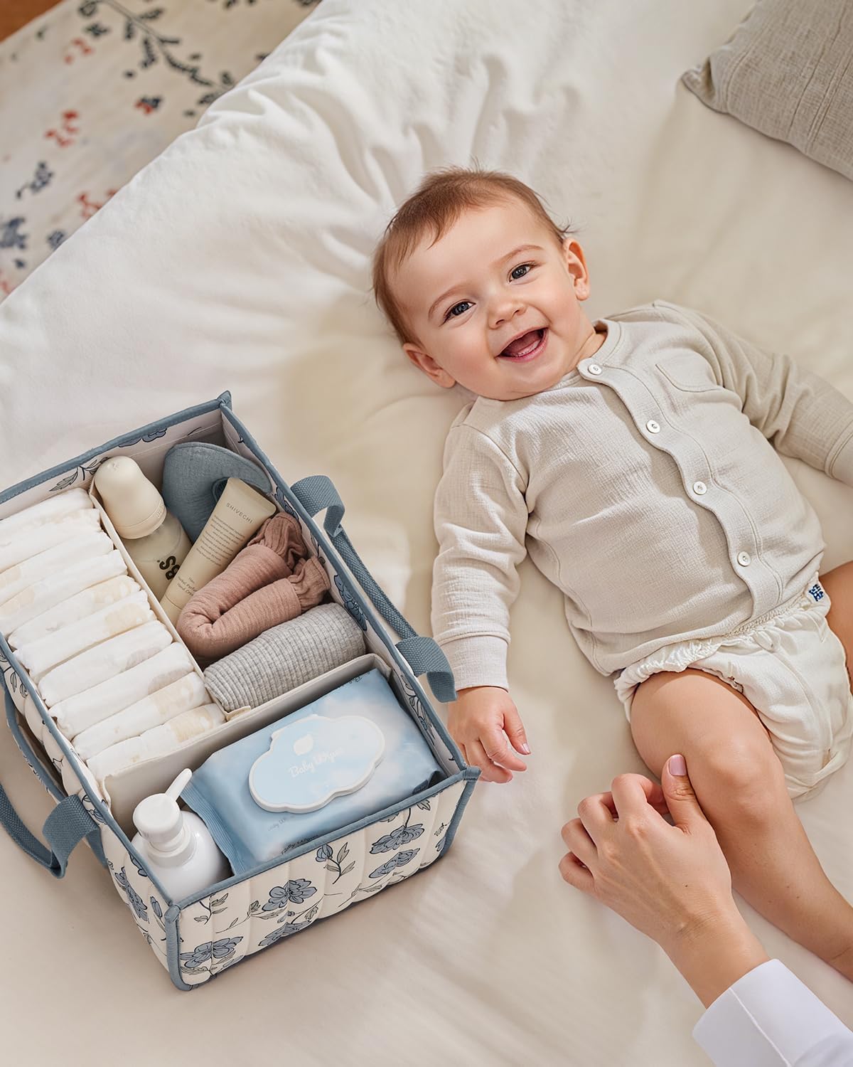 Blissful Diary Floral Diaper Caddy Organizer, Peony Blue