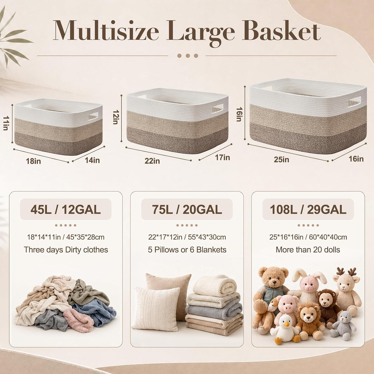 OIAHOMY Blanket Basket Laundry Basket Dog Toy Basket 75L Gradient Grey