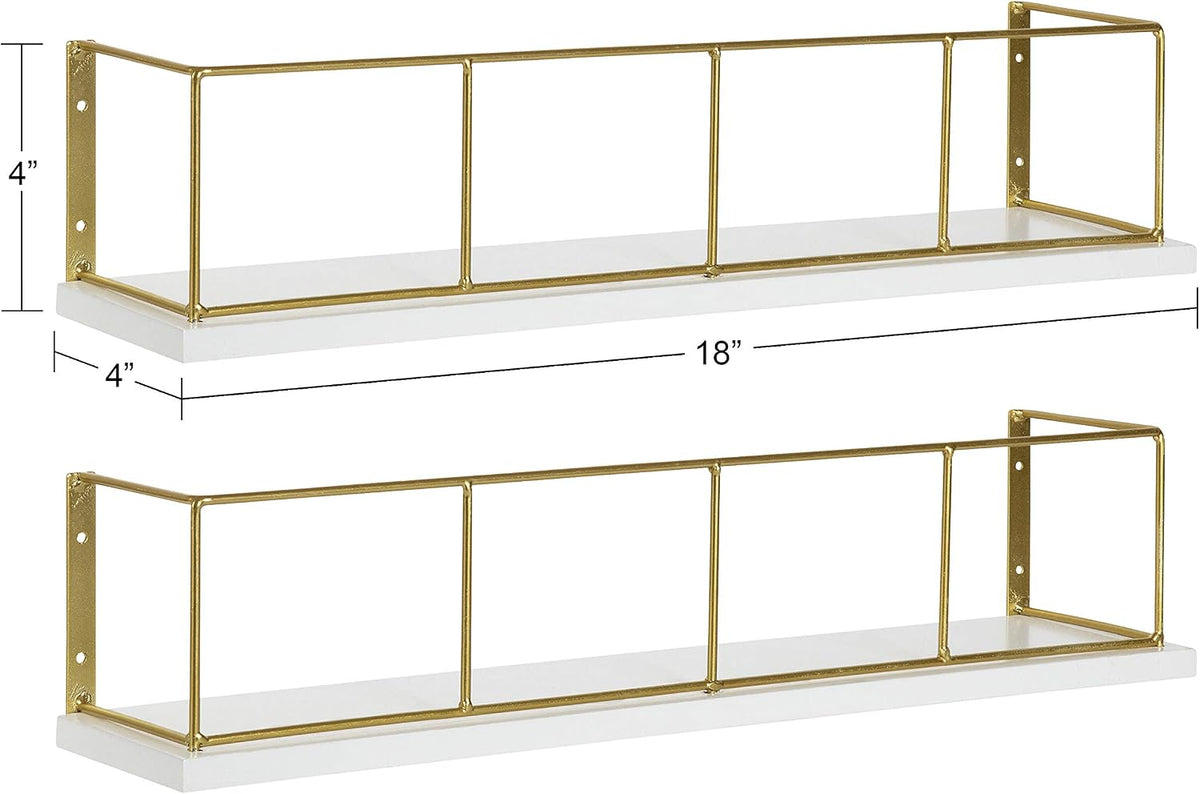 Kate and Laurel Benbrook 18-inch 2-Pack Wood and Metal Floating Wall Shelves, White and Gold
