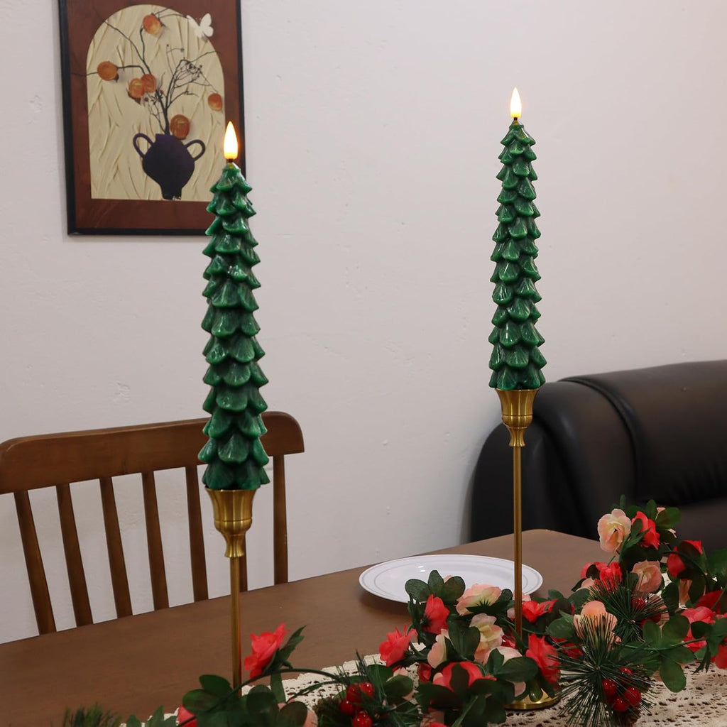 Christmas Tree Candles with Remote Timer, 2 Pack Flameless LED Taper Candles Battery Operated, 3D Flame Flickering, Green Waxy Christmas Candlesticks for Home Fireplace Decor, 0.78" x 9.5"
