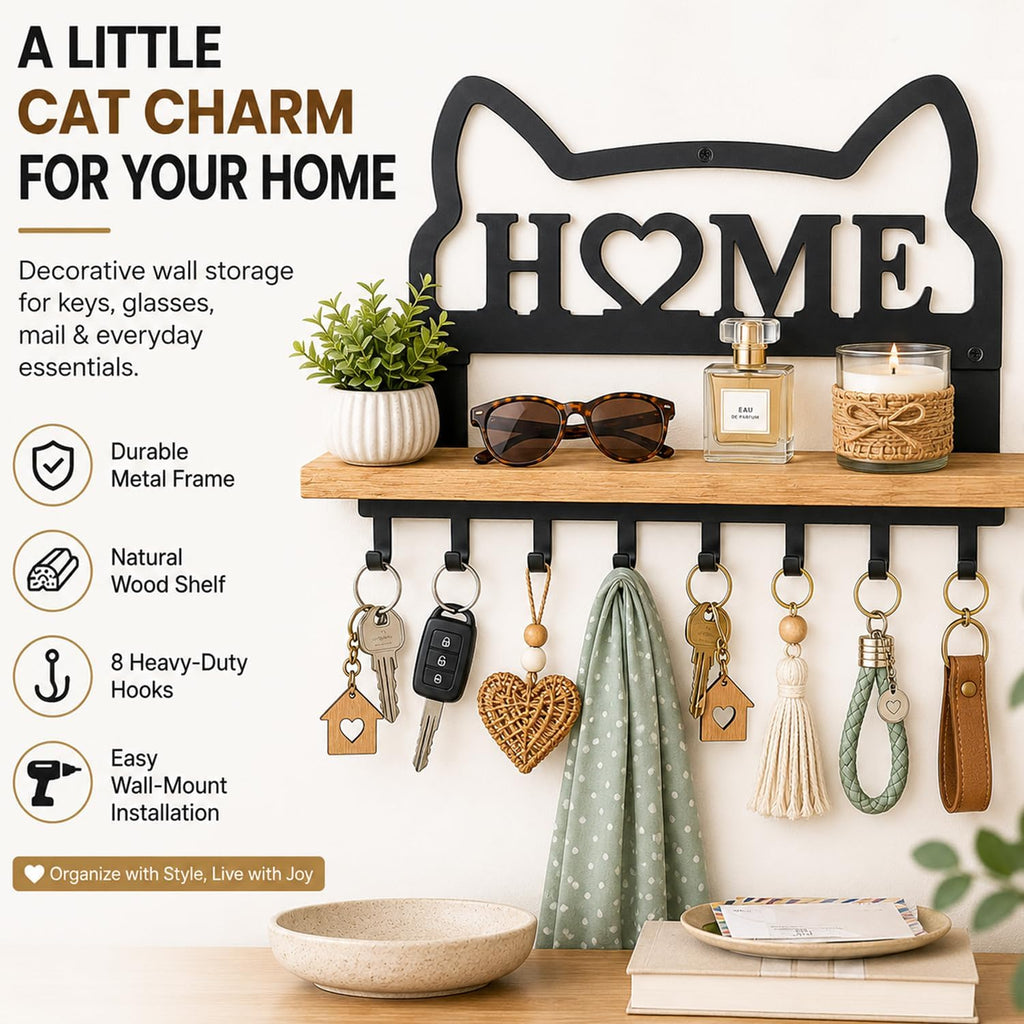 Cat Key Holder for Wall. Decorative Floating Wooden Shelf with 8 Metal Hooks, Wall Storage Rack for Entryway Hallway, Gift for Cat Lovers