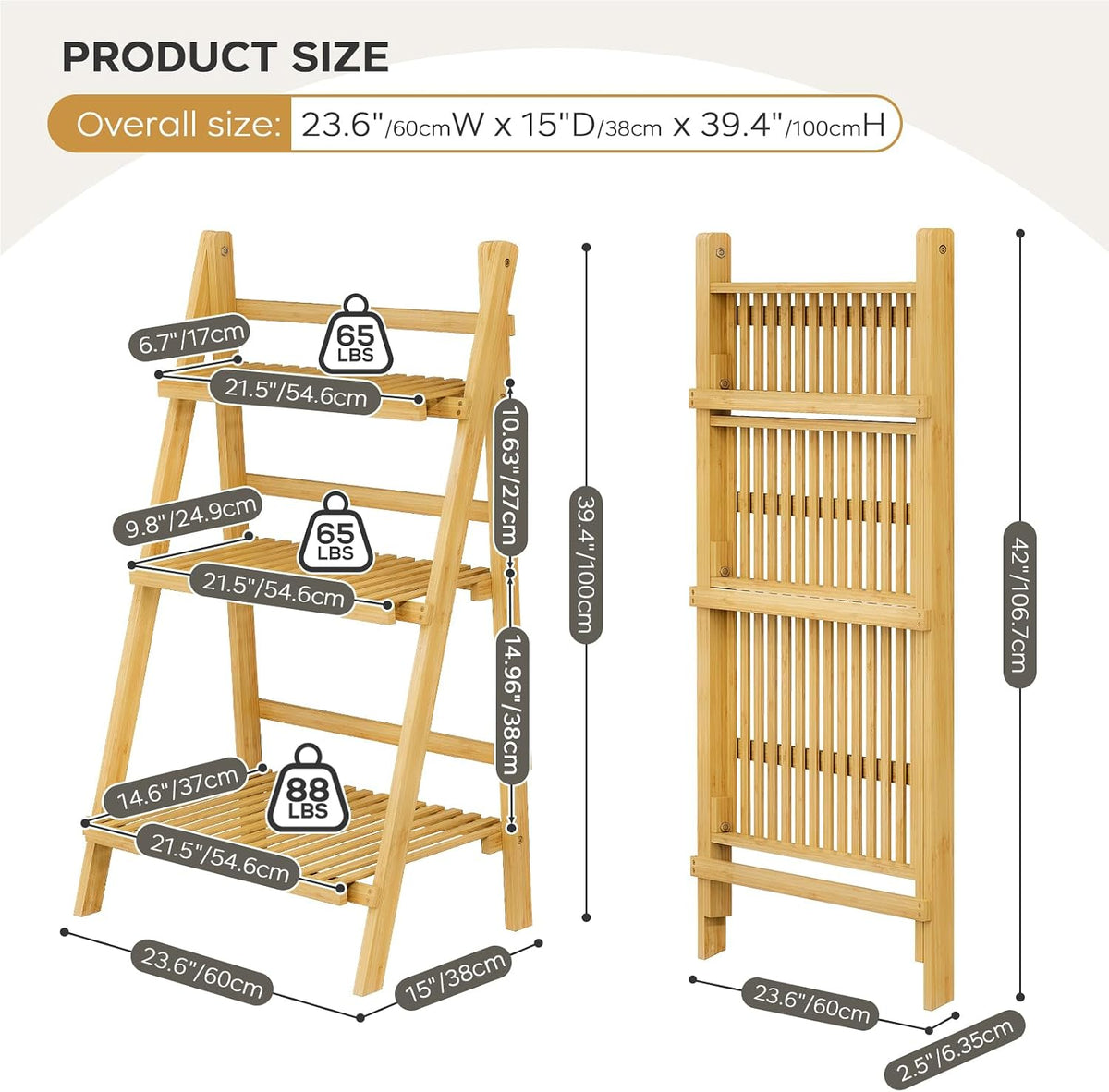 Foldable Ladder Shelf 39.4", Plant Shelf 3 Tier, Bamboo Ladder Bookshelf