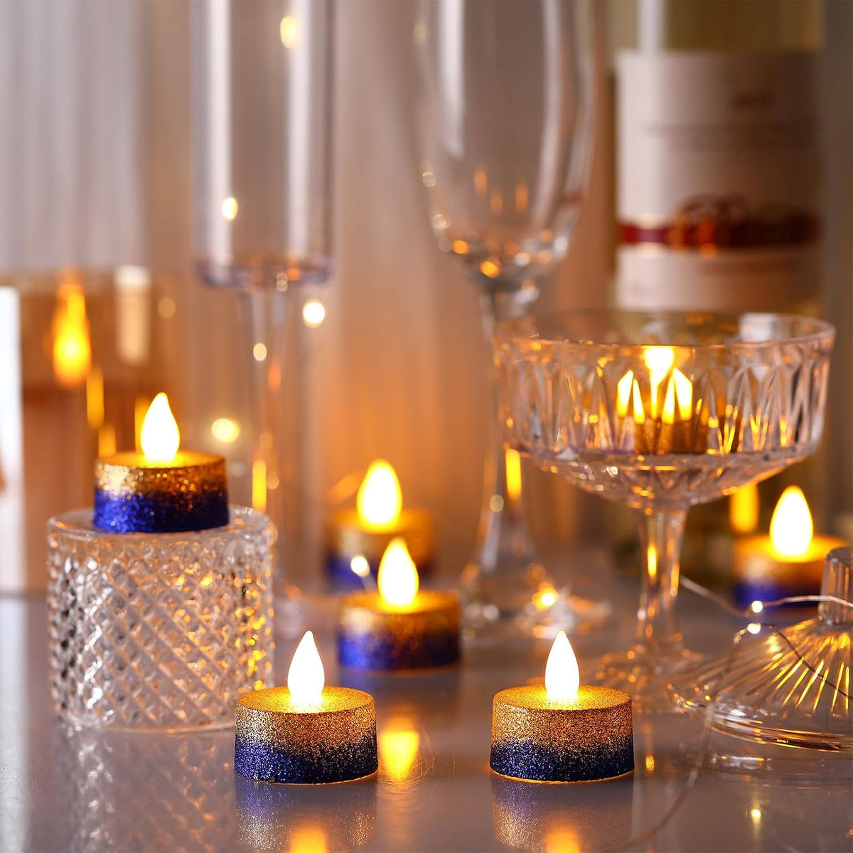 Retisee 48 Pack Flameless LED Candles Glitter Decor,Gold,Blue,1.65 Inch