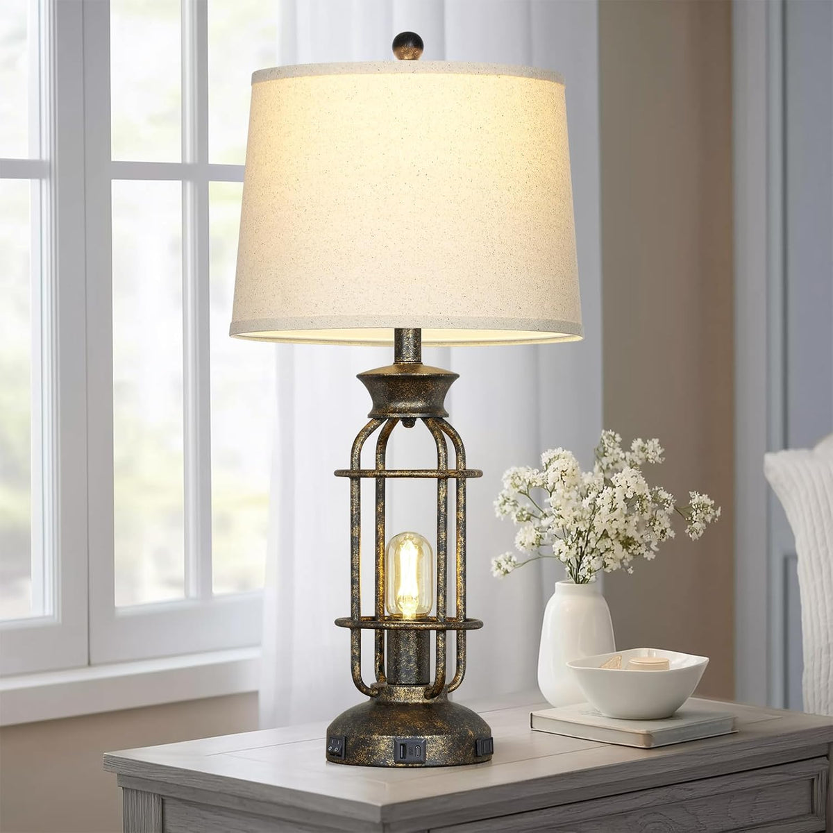 28" Tall Farmhouse Table Lamp with USB C+A Charging Ports & AC Outlet, Rustic Industrial Bedside Lamp for Living Room, Vintage Nightstand Lamp for Bedroom End Table Bronze Single, 2 Bulbs Included