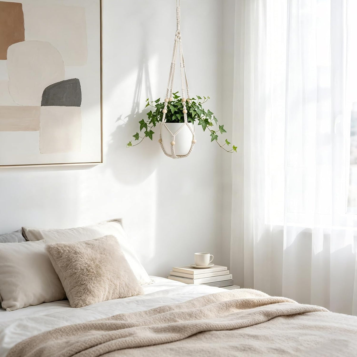Mkono Macrame Plant Hanger Indoor, 29 Inch Hanging Planter Holder Ivory