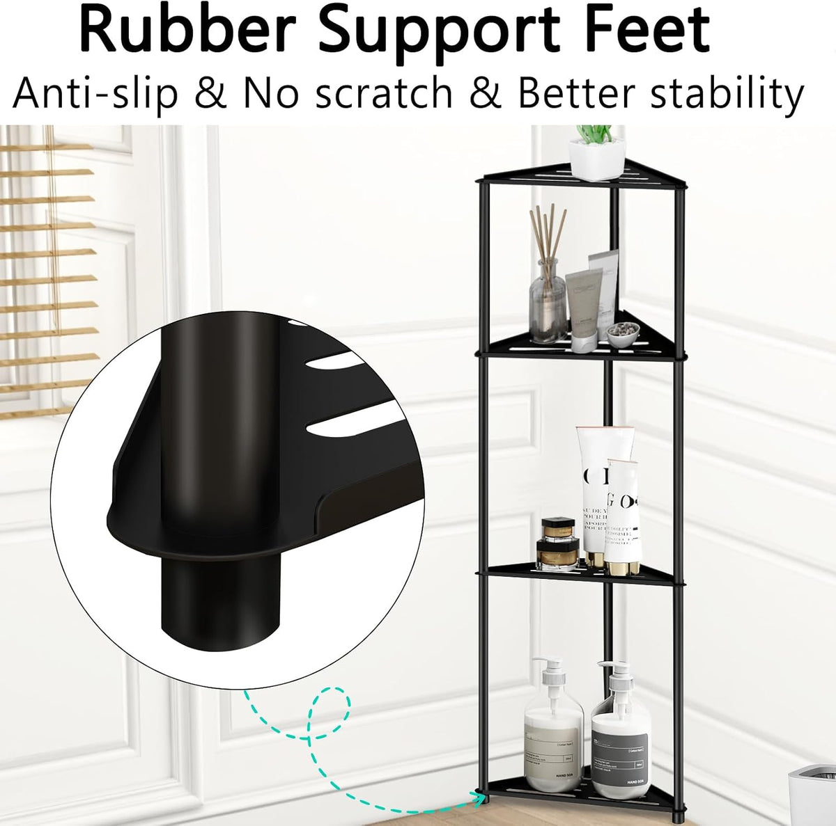 Standing Corner Shower Caddy, 4 Tier Stainless Steel Organizer Stand, Rustproof Shelves for Inside Shower, Black