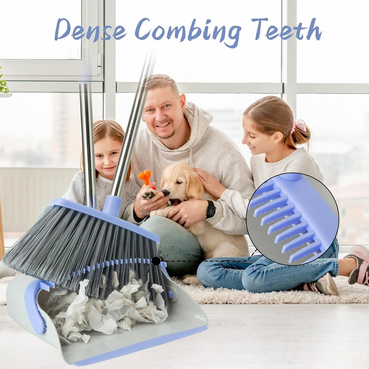 Broom and Dustpan Combo Set, Long Handle and Standing Dust Pan with Comb Teeth, Efficient Floor Cleaning for Kitchen, Outdoor, Dorm, Apartment, Office Lobby (Gray Blue)