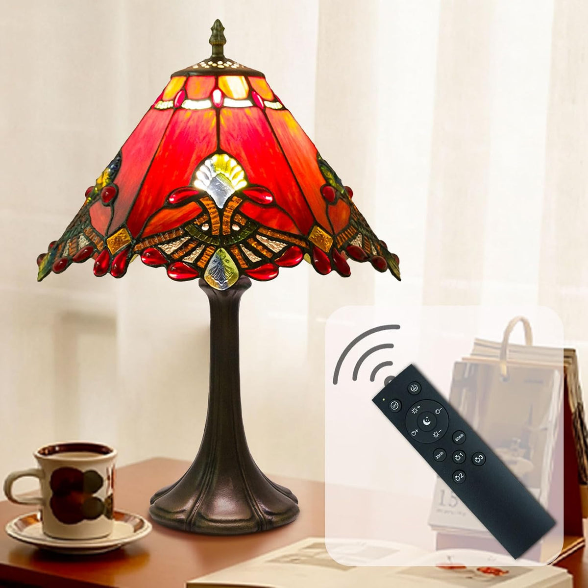 Tiffany Style Lamp,Red,Remote Brightness & Temp Control,12 Inch