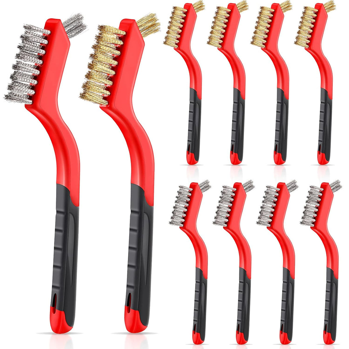 Patelai 10 Pcs Wire Brush Set Stainless Steel Brass Nylon Wire Brushes with Handle for Cleaning Narrow Areas Rust Removal Paint Scrubbing (Classic)