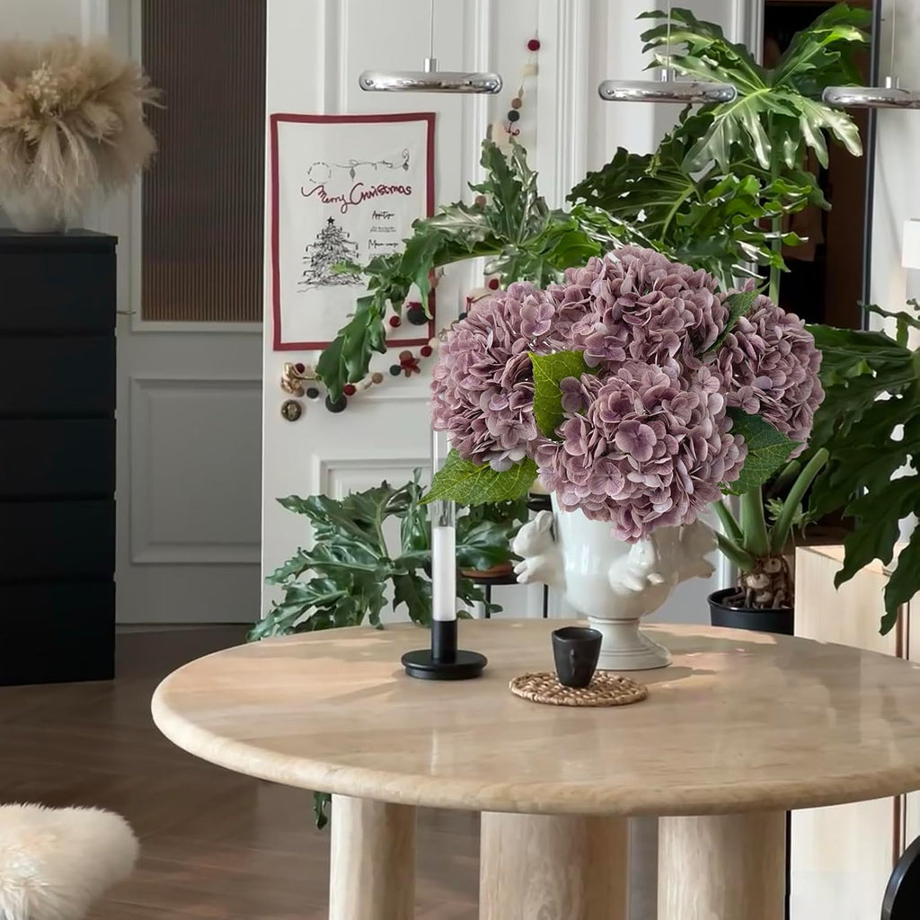YalzoneMet 3 Pcs Vintage Mauve Hydrangea Artificial Flowers Gray Purple 21'' Real Touch Latex Hydrangea Faux Flowers for Party Home Kitchen Bedroom Tables Centerpieces Fall Decor