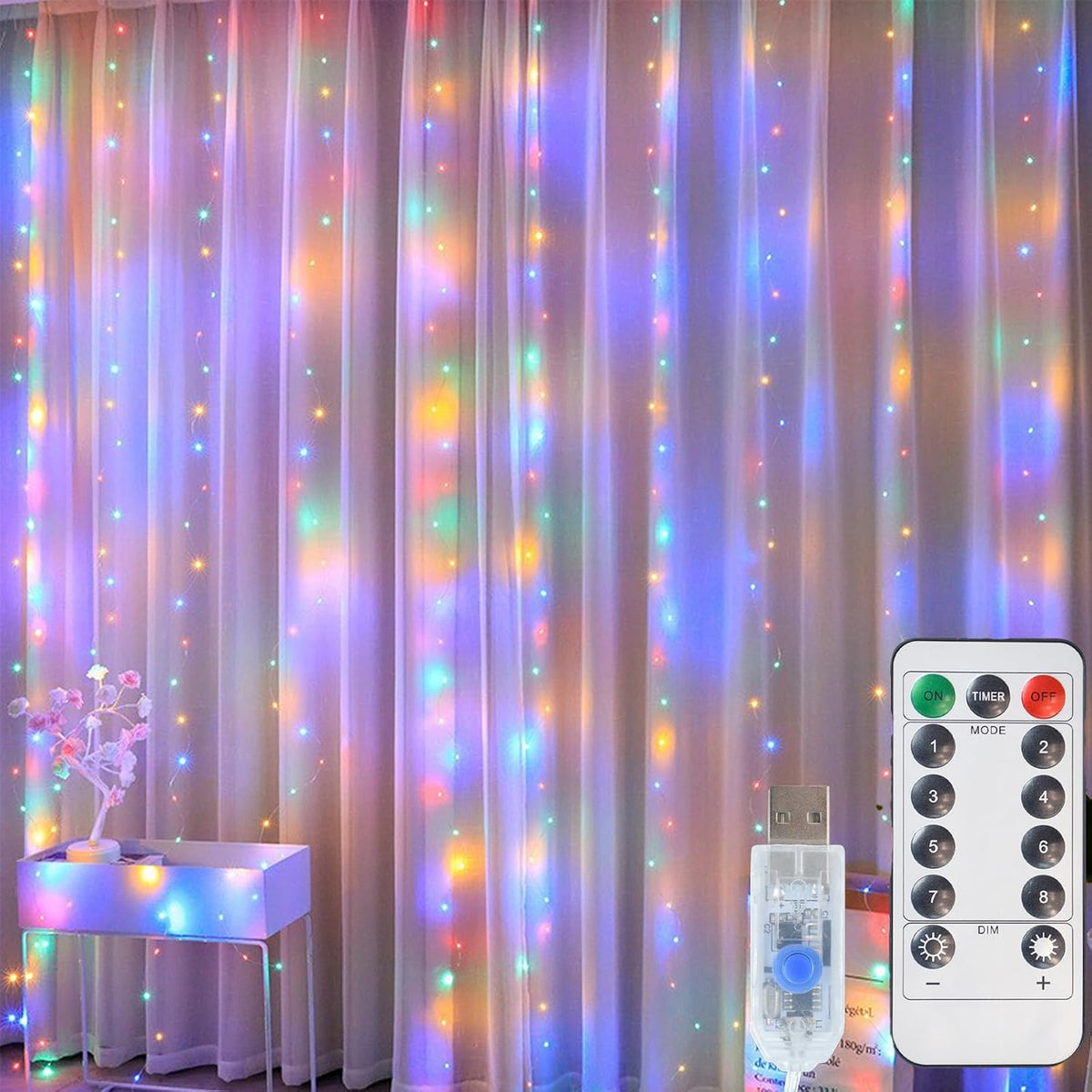 Curtain Fairy Lights, 3m x 3m 300 LEDs USB Operated 8 Modes String Light Indoor Waterproof Hanging Window Lights with Hooks for Christmas, Wedding, Party,Wall, Home Decorations (Multi-Color)
