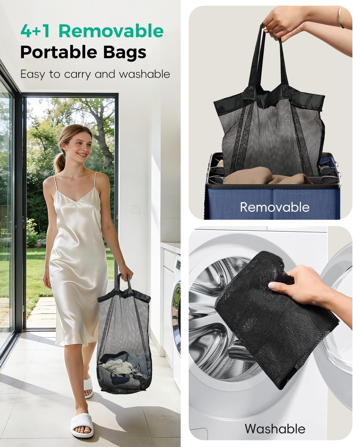 185L Laundry Hamper 4 Section with Lid & Removable Bags | Collapsible laundry basket organizer for laundry room, bedroom & dorm with 5 removable washing bags