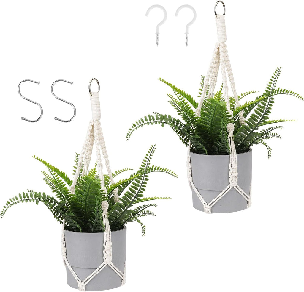 Larrel Macrame Plant Hanger, 2PCS Plant Hangers Indoor Hanging Planter Basket with 2 Hooks Wood Beads Decorative Flower Pot Holder for Indoor Outdoor Boho Home Decor
