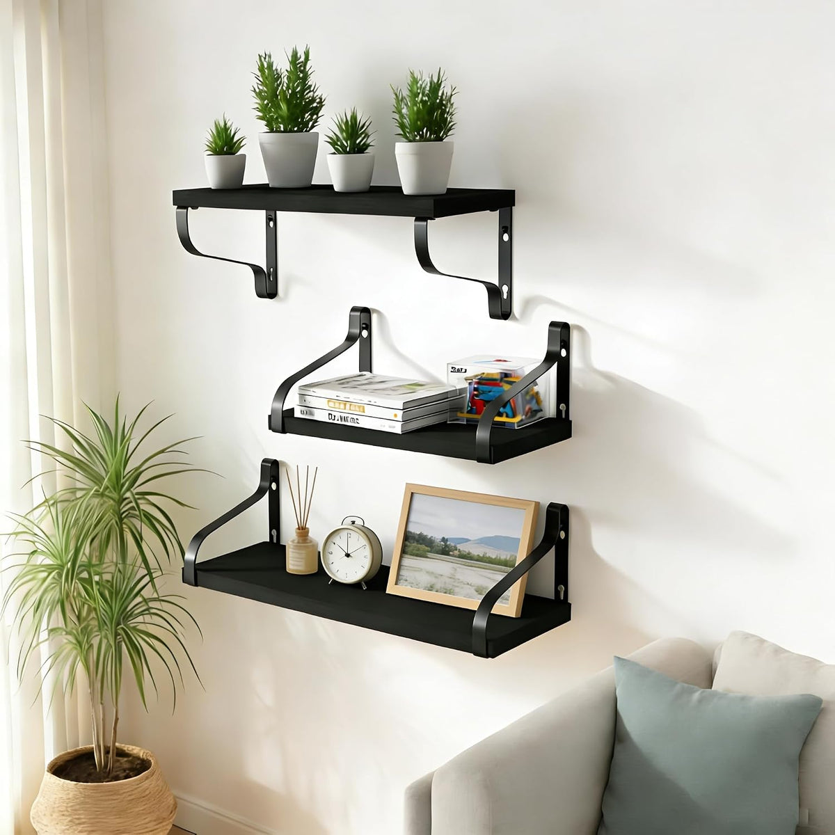 Love-KANKEI Large Black Floating Wall Shelves,Set of 3,Wood/Metal Bracket