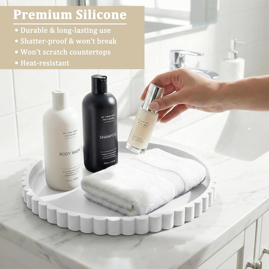 Silicone Bathroom Vanity Tray, Modern Round Decorative Tray for Countertop, Waterproof & Unbreakable Cosmetic Perfume Organizer, Extra-Thick & Sturdy, Easy to Clean Candle Tray (White, 10 inch)