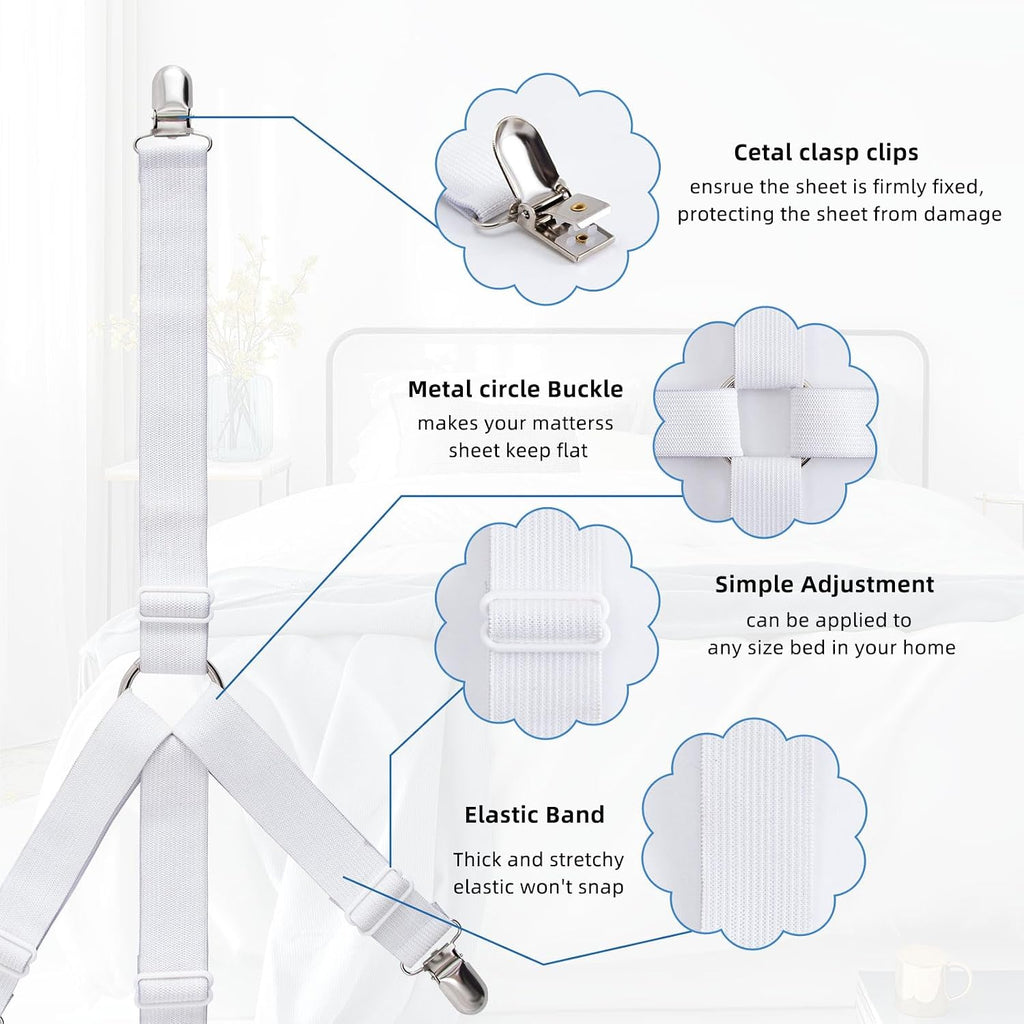 4PCS Adjustable Bed Sheet Holders, Elastic Mattress Sheet Fasteners Holder with Metal Clips for Hold Sheet, Mattress, Sofa, Couch, Table Cloth, (White)