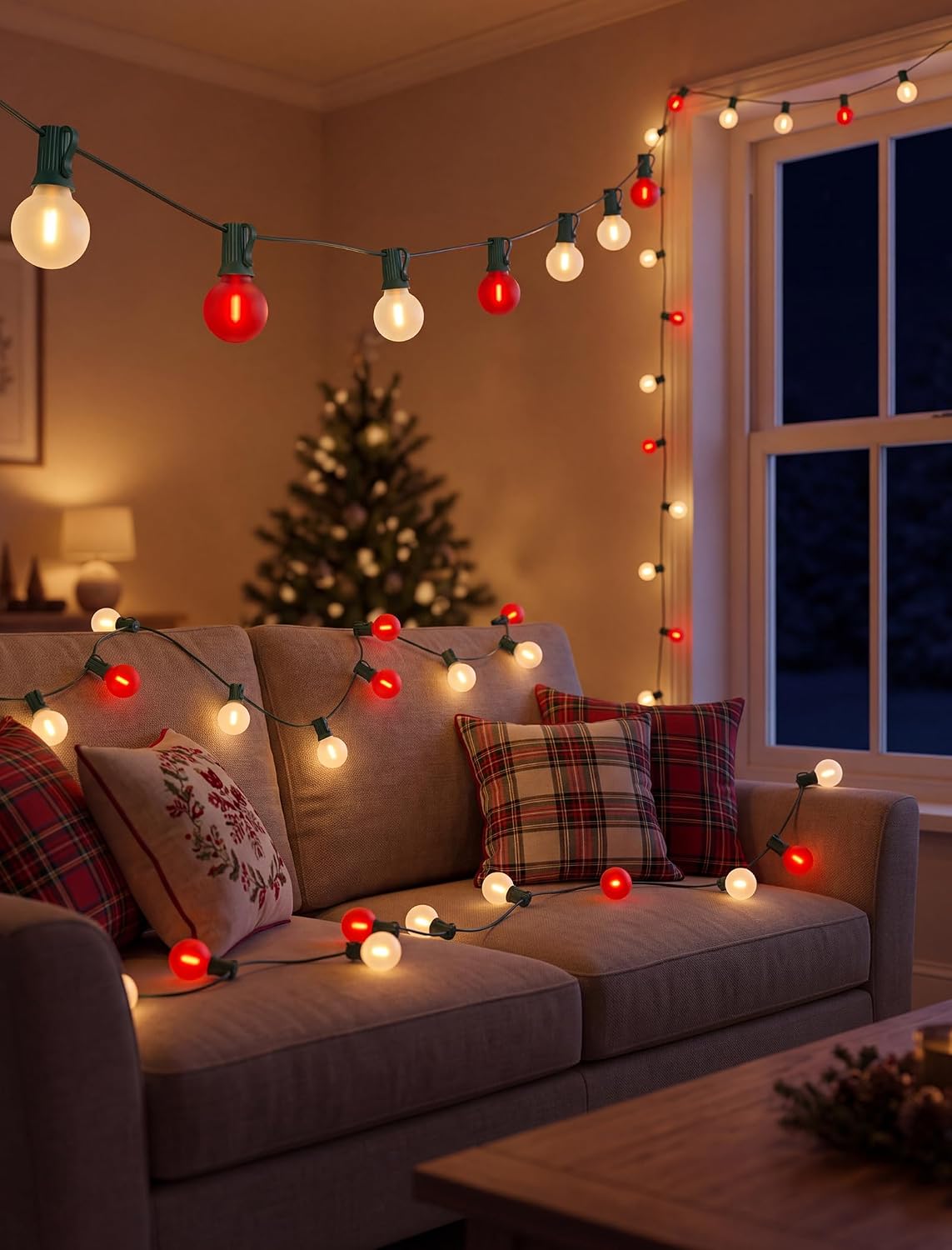 50FT 25 LED Frosted Red and White Christmas Lights Outdoor, G40 Globe Bulbs