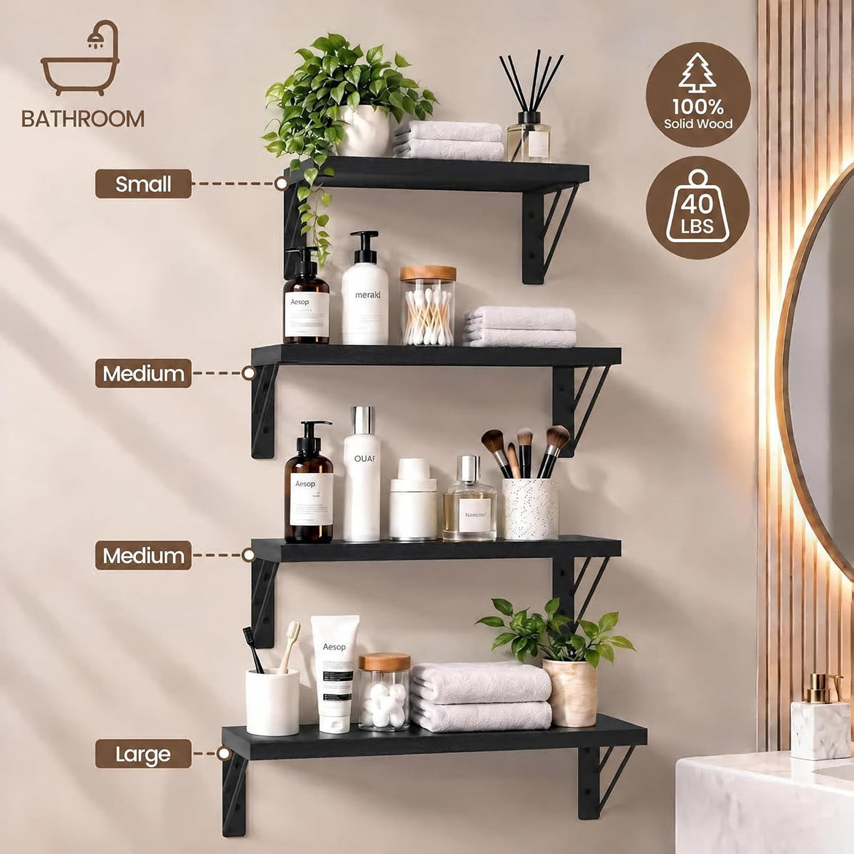 BAYKA Wall Mounted Black Floating Shelves for Wall (Set of 4, 16.5" Mixed)