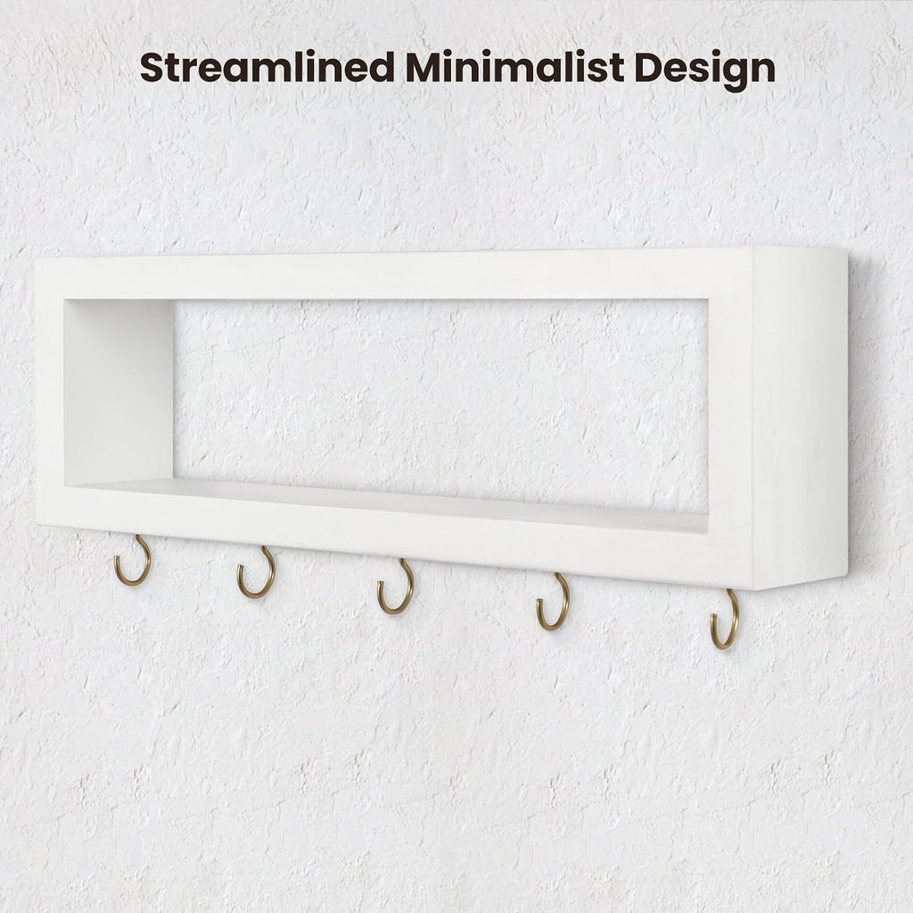 Lwenki Wall Shelf with Hooks - Decorative Key and Wallet Holder for Wall Holds Sunglasses, Leashes, Scarves and Lanyards - 15.7" x 5.1" x 2.9" Entryway Organizer Made of Paulownia Wood (White)