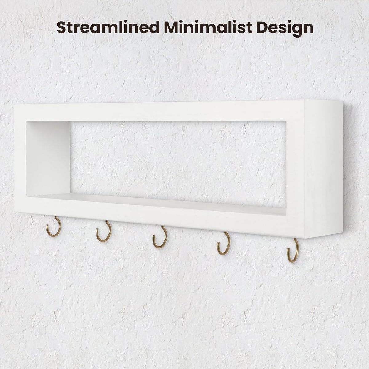 Lwenki Wall Shelf with Hooks - Decorative Key and Wallet Holder for Wall Holds Sunglasses, Leashes, Scarves and Lanyards - 15.7" x 5.1" x 2.9" Entryway Organizer Made of Paulownia Wood (White)
