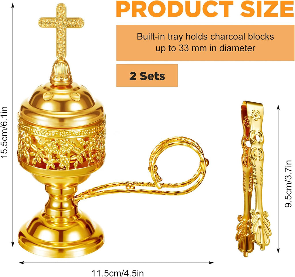 Zonon 2 Sets Incense Burner with Tong, Gold, Classic