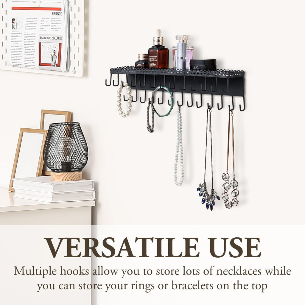 MyGift 15 Inch Wall Mounted Jewelry Organizer with 26 Hooks & Top Shelf