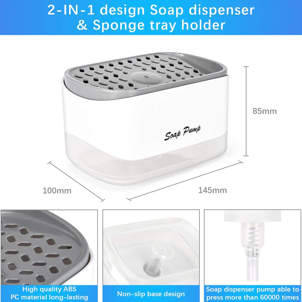 Kitchen Dish Soap Dispenser with Sponge Holder, 2-in-1 Countertop Soap Pump Dispenser, for Kitchen Sink Dishwashing Soap Dispenser - 12.5 Ounces