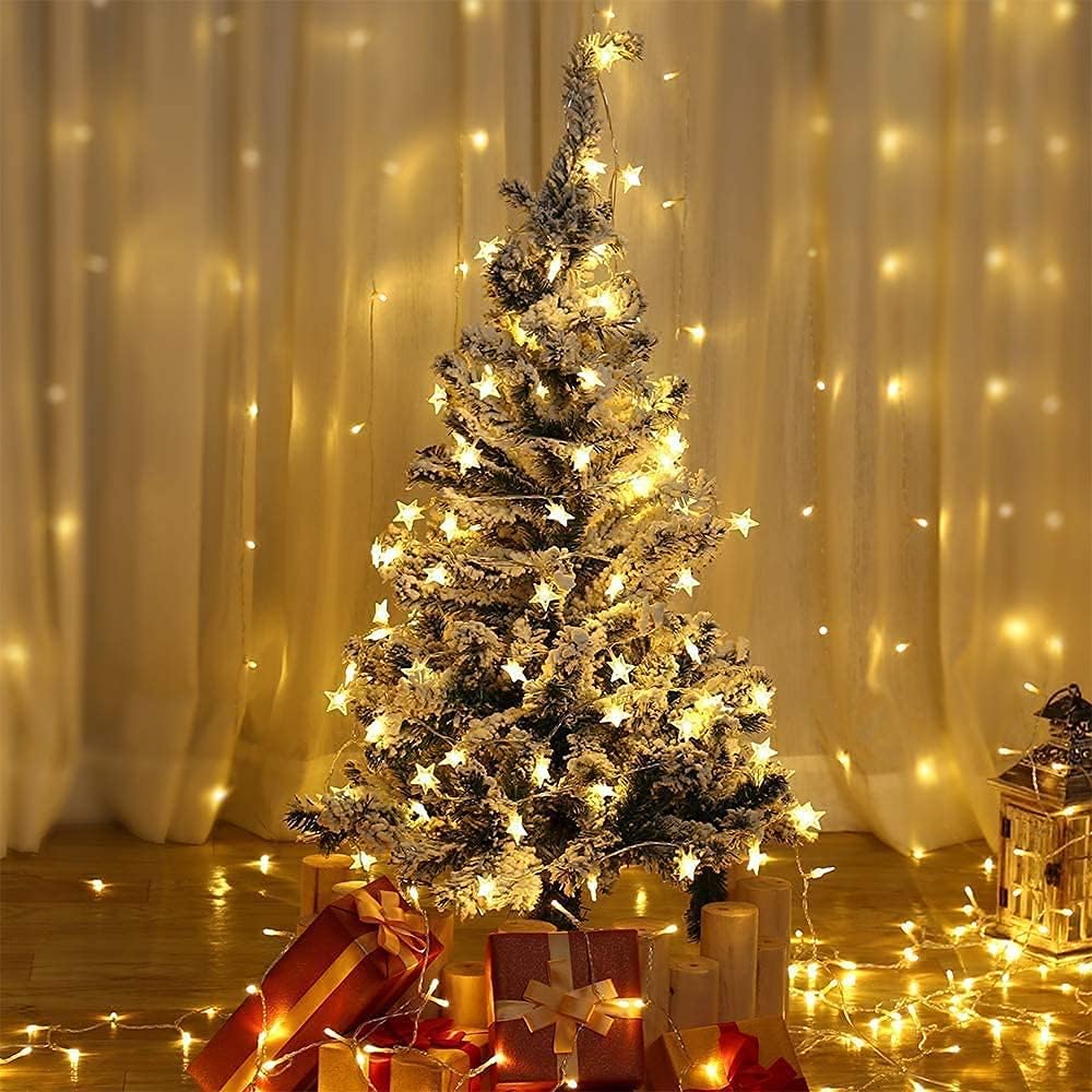 ANJAYLIA 100 LED 32FT Battery Operated Star Lights & Remote, Warm White