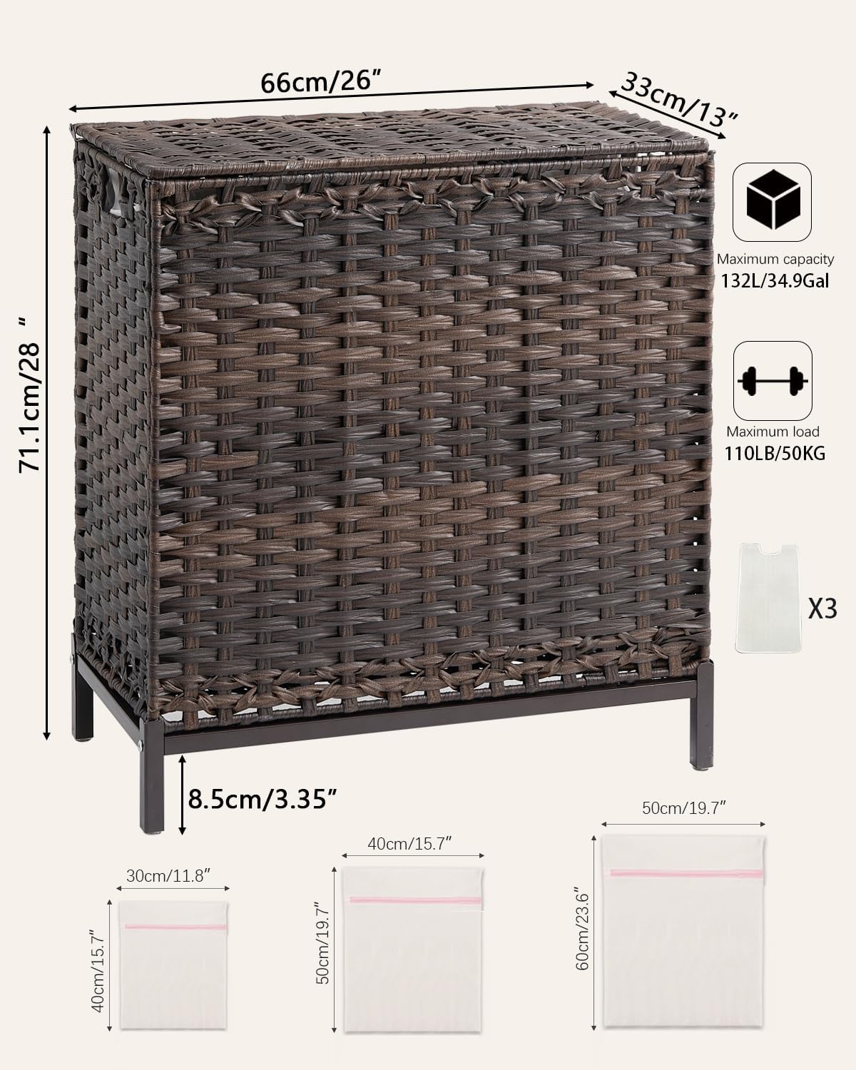 SETVSON Laundry Hamper with Lid, 35 Gal 3-Bag Clothes Sorter, Brown