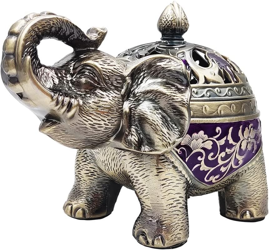 Hourwof Metal Elephant Incense Holder,Vintage Cone Coil Incense Burner with Lid,Ash Catcher,Aromatherapy Ornament Home Office Decor (Purple)