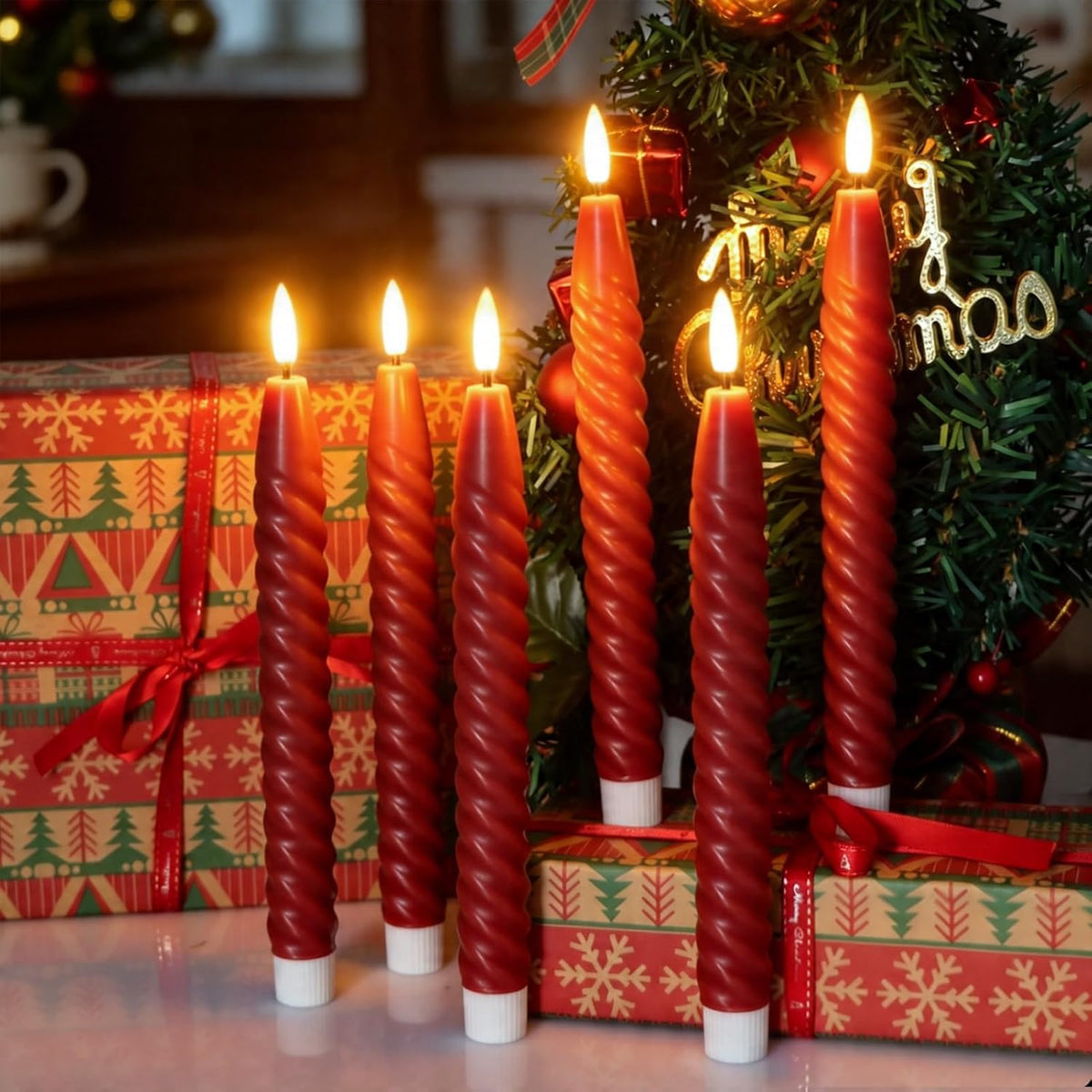 Red Flameless Taper Candles Flickering with Remote Timer