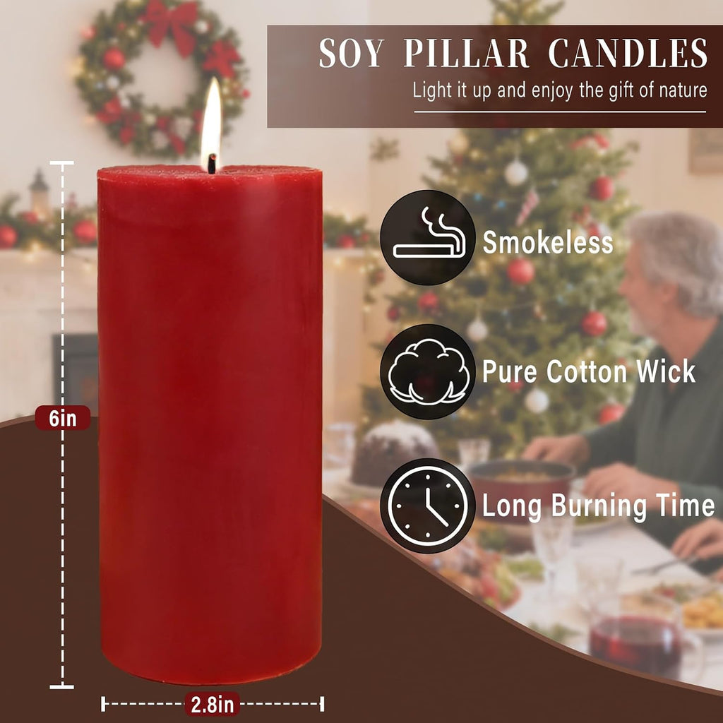 Red Soy Pillar Candles,3 Pack,2.8 x 6 Inch,Unscented,85-Hour Burn