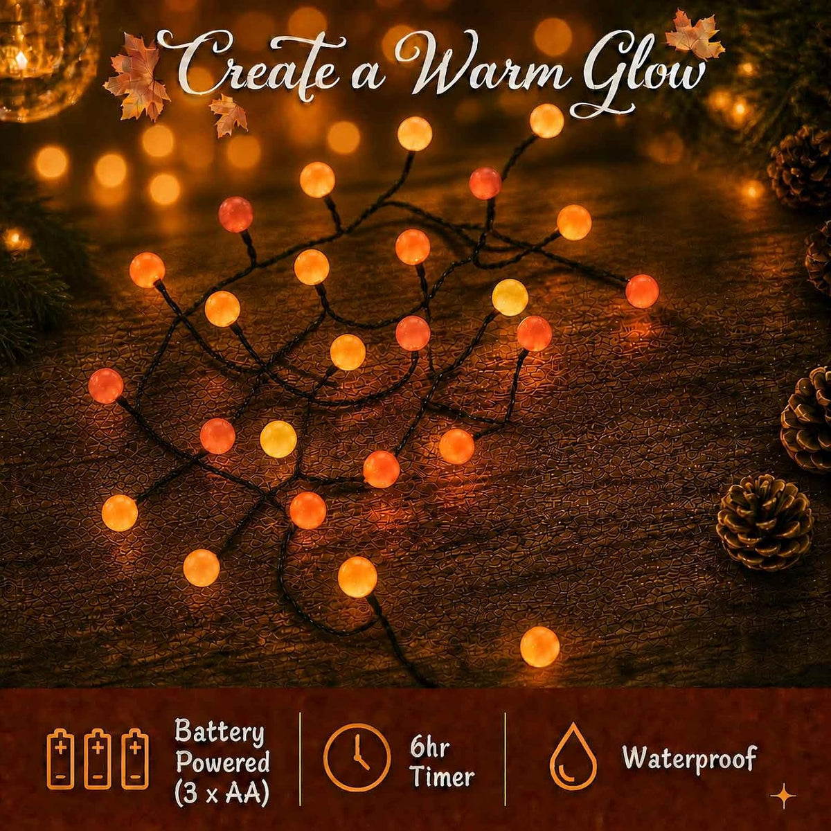 QBIS Battery Powered Halloween Lights, 40 Berry Lights, Orange Yellow Red