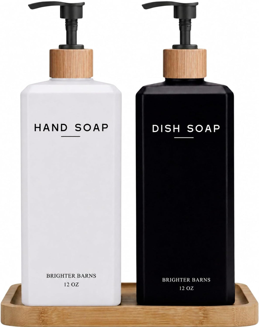 Luxury Glass Hand and Dish Soap Dispenser Set by Brighter Barns - 12oz Kitchen Soap Dispenser Set - Liquid Hand Soap Bottle with Tray & Pump - Modern Farmhouse Decor for Sink, Restaurant (Black/White)