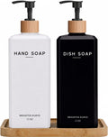 Luxury Glass Hand and Dish Soap Dispenser Set by Brighter Barns - 12oz Kitchen Soap Dispenser Set - Liquid Hand Soap Bottle with Tray & Pump - Modern Farmhouse Decor for Sink, Restaurant (Black/White)