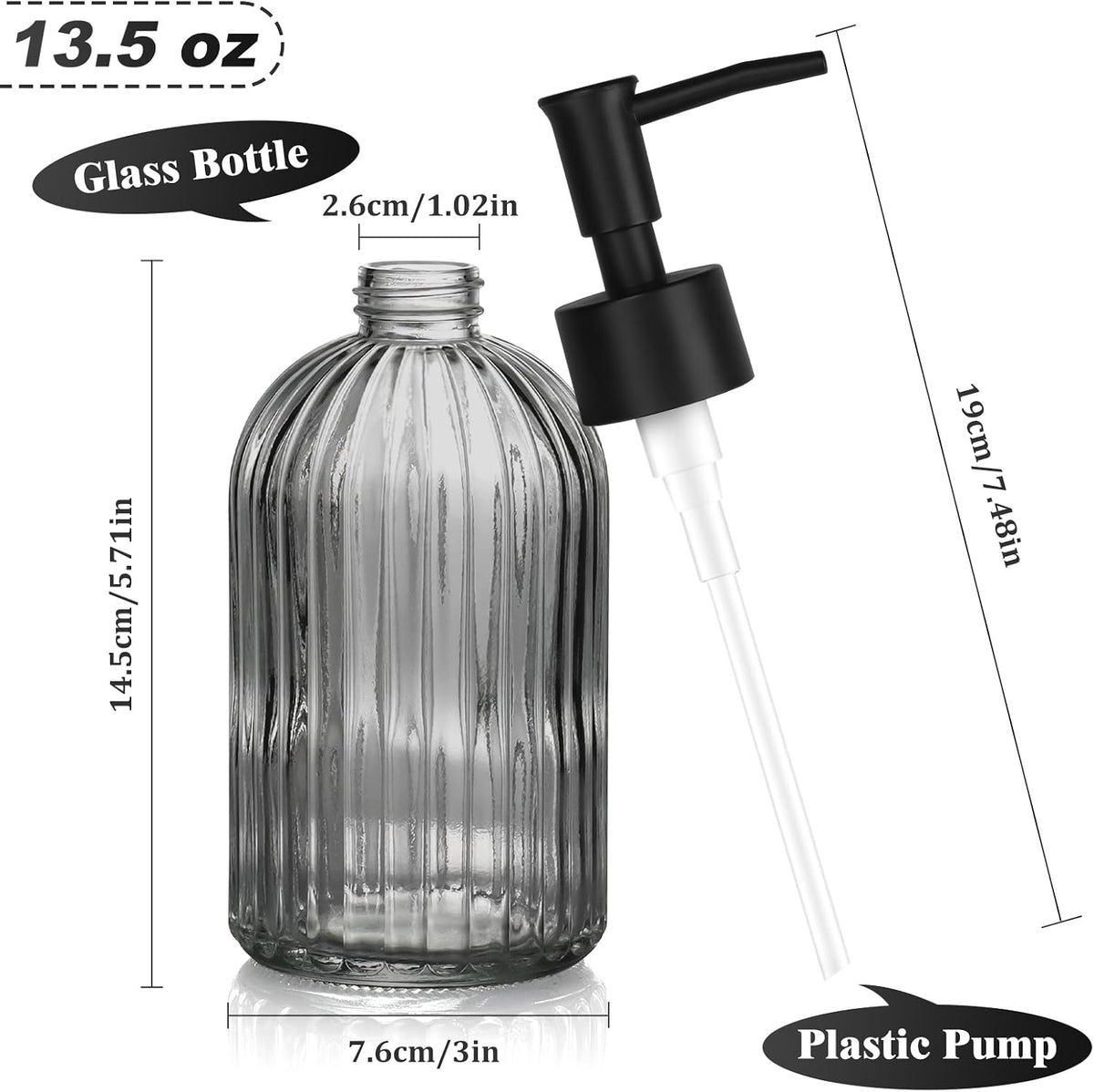 1 Pack 13.5oz Glass Soap Dispenser with Plastic Pump, Vertical Stripe Design Refillable Hand Soap Dispenser for Hand Wash, Bathroom and Kitchen