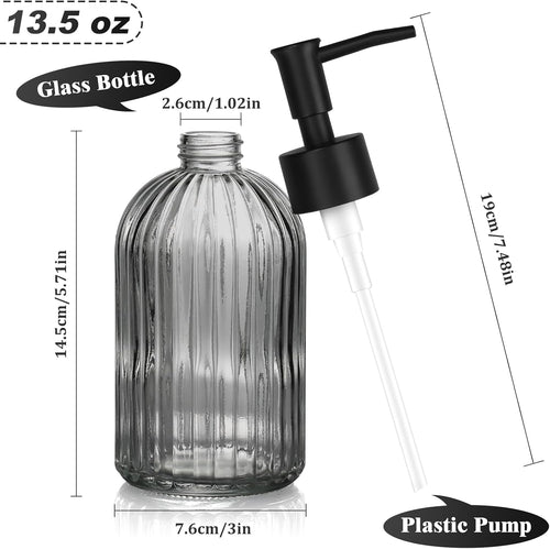 1 Pack 13.5oz Glass Soap Dispenser with Plastic Pump, Vertical Stripe Design Refillable Hand Soap Dispenser for Hand Wash, Bathroom and Kitchen