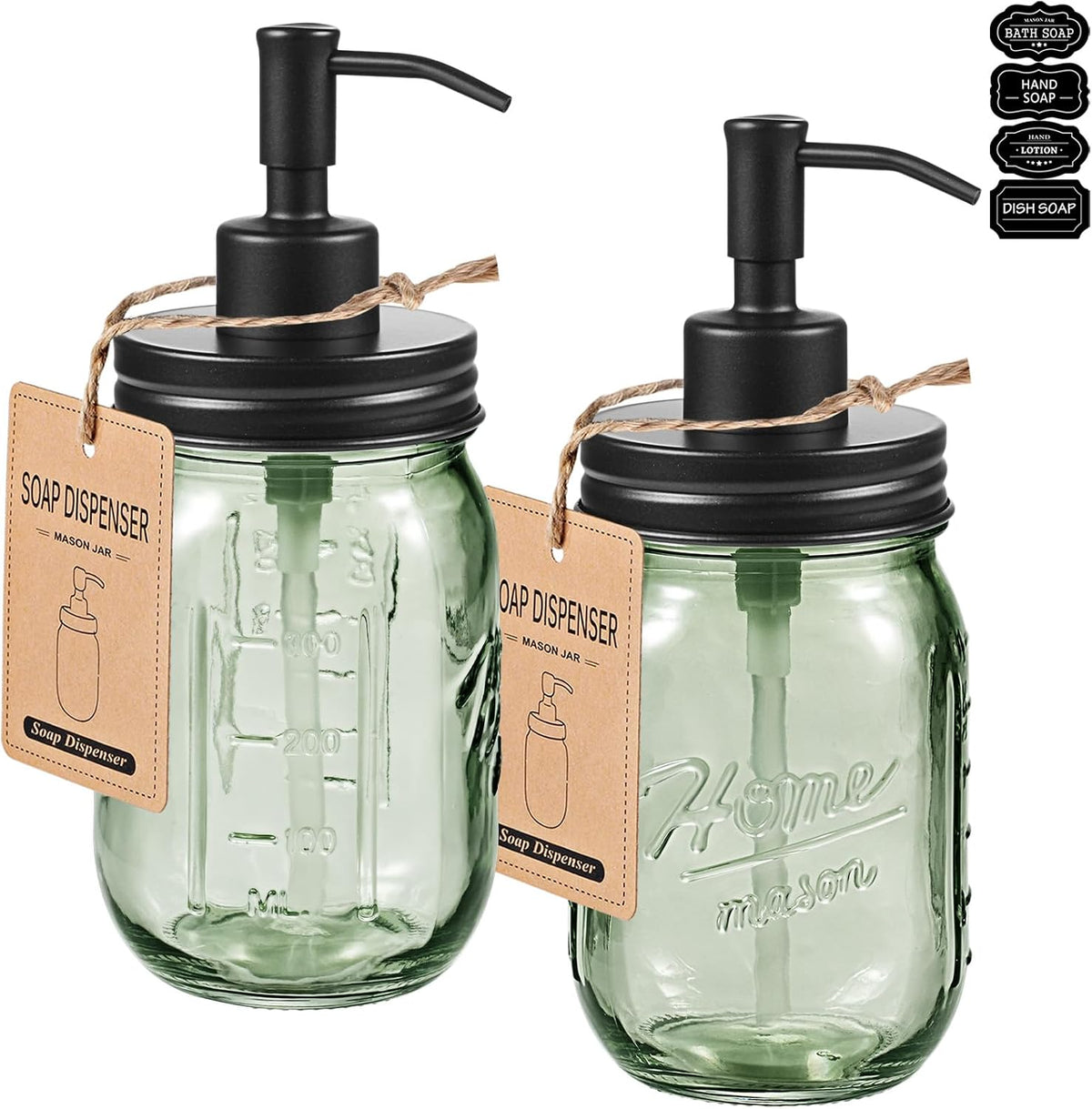 SheeChung Green Glass Mason Jar Liquid Soap Dispenser, 16oz, Black, 2 Pack