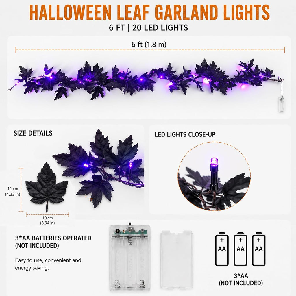 Black Halloween Garland, 6FT Halloween String Lights Battery Operated