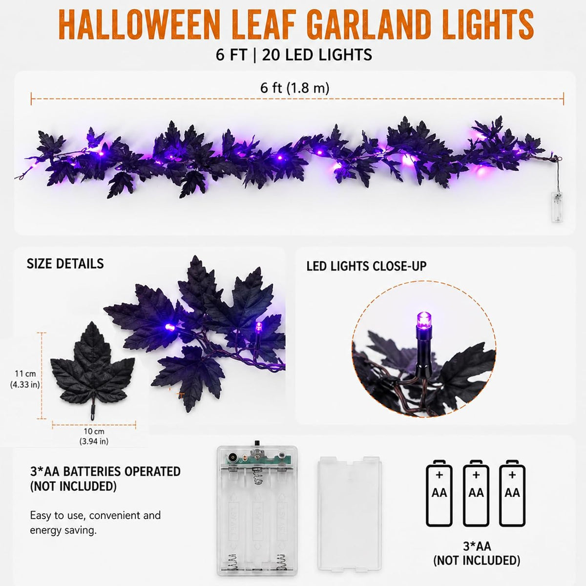 Black Halloween Garland, 6FT Halloween String Lights Battery Operated