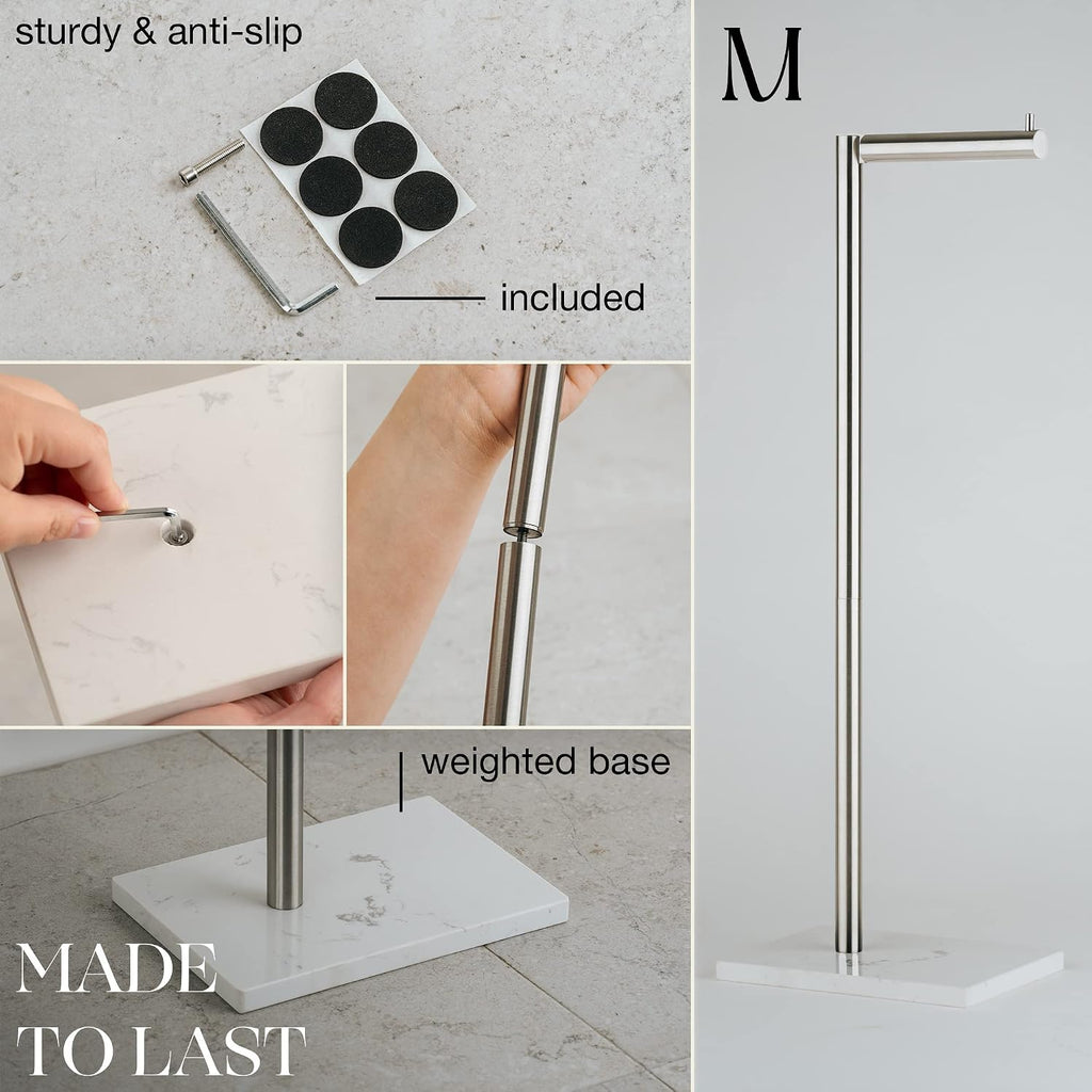 MARMOLUX ACC Toilet Paper Holder Stand, White Marble Base, Brushed Steel