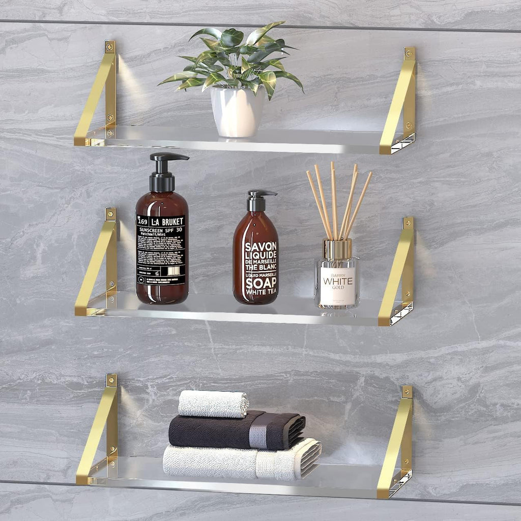 Gold Floating Shelves Crystal-Clear Acrylic Floating Shelves,Sturdy Thickness 10mm(0.4inch) Acrylic Shelves for Wall Decor,Gold Shelving for Living Room Decor Set of 3.