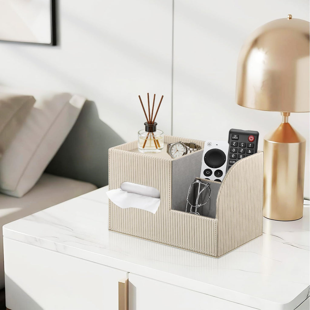 PU Leather Tissue Box Cover with Storage Tray, Cube Facial Tissue Holder