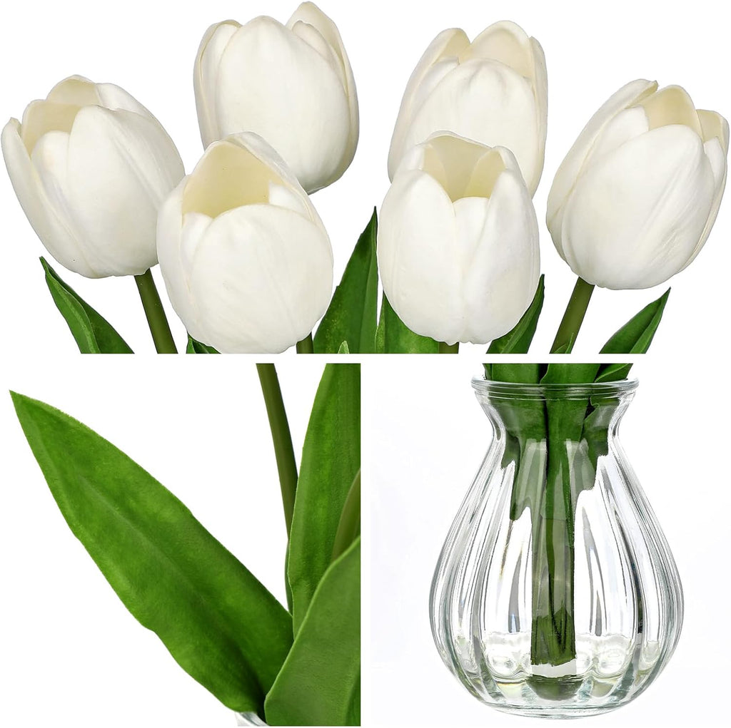 Oairse Artificial Tulips Flowers Floral Arrangement - 6 Stems Faux Flowers with Clear Glass Vase with Faux Water 12.5" White Fake Tulips Bouquet Centerpiece for Table Living Room Home Office Decor