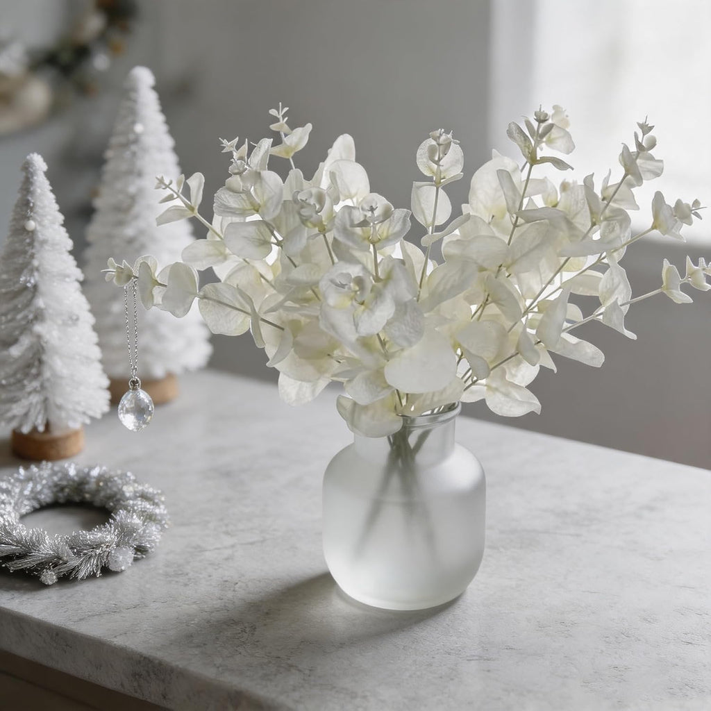 Tinsow 5 Pcs Artificial Eucalyptus Branches Real Touch Leaf Stem White Faux Eucalyptuses Wedding Bouquet Centerpiece Christmas Home Decor (White and Beige Mix, 5)