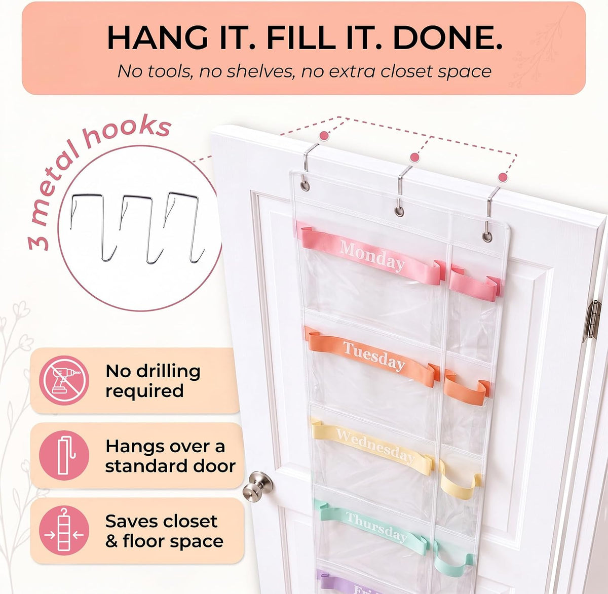 Over the Door Weekly Clothes Organizer for Kids, Days of the Week (Rainbow)