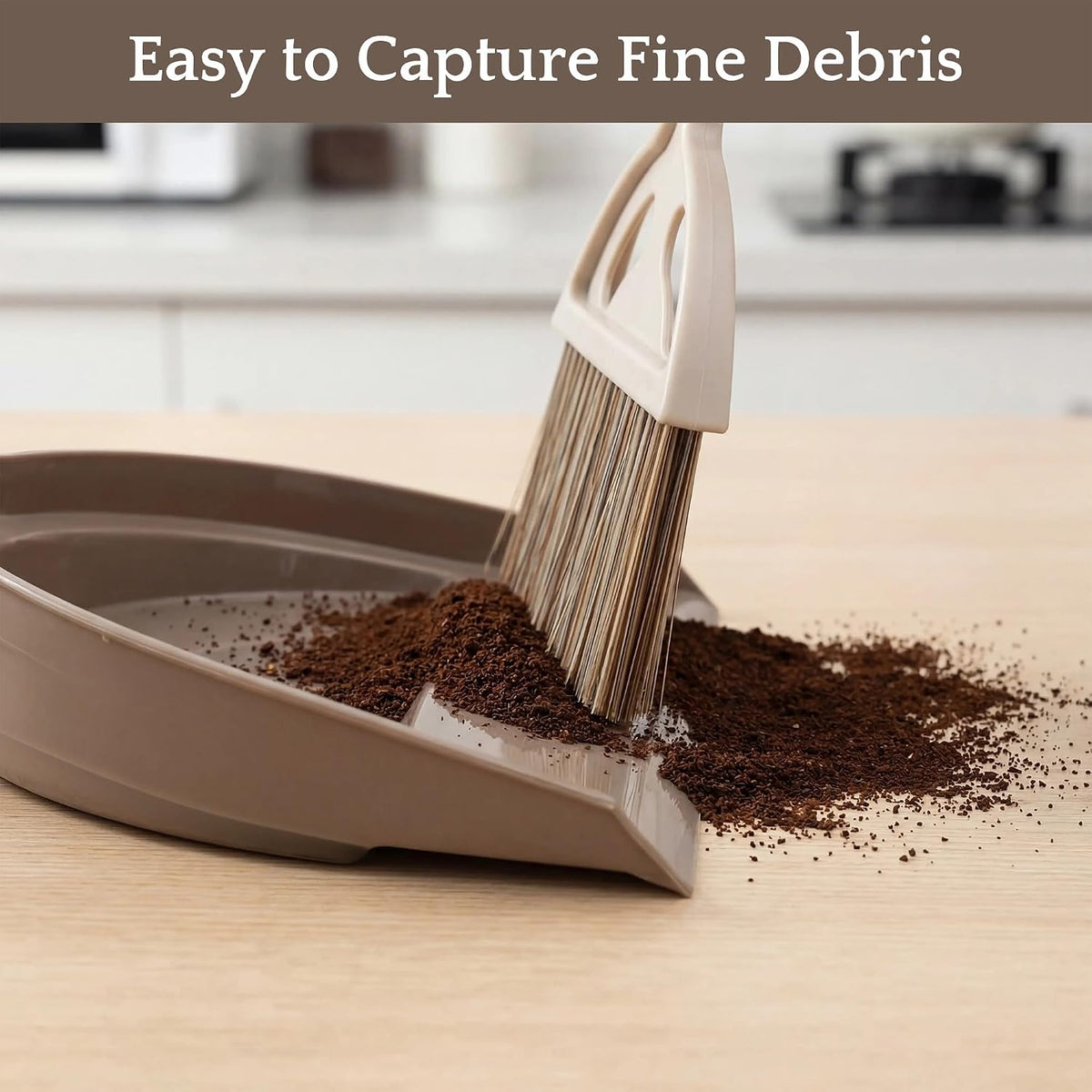 Mini Broom and Dustpan Set, Compact Hand Brush Dust Pan Combo for Desk, Keyboard, Car Interior, Countertop, Cat Litter, Small Space Cleaning, Brown