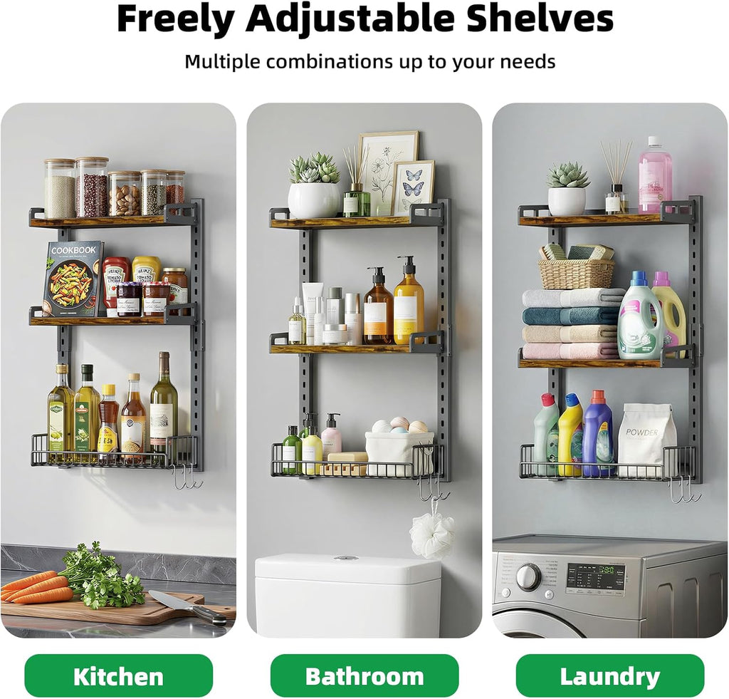 Kalrin 3 Tier Bathroom Shelves Over Toilet - Wall Mounted Floating Shelves with Drain Basket, Toilet Paper Storage, Height Adjustable Over The Toilet Storage, Vintage Brown